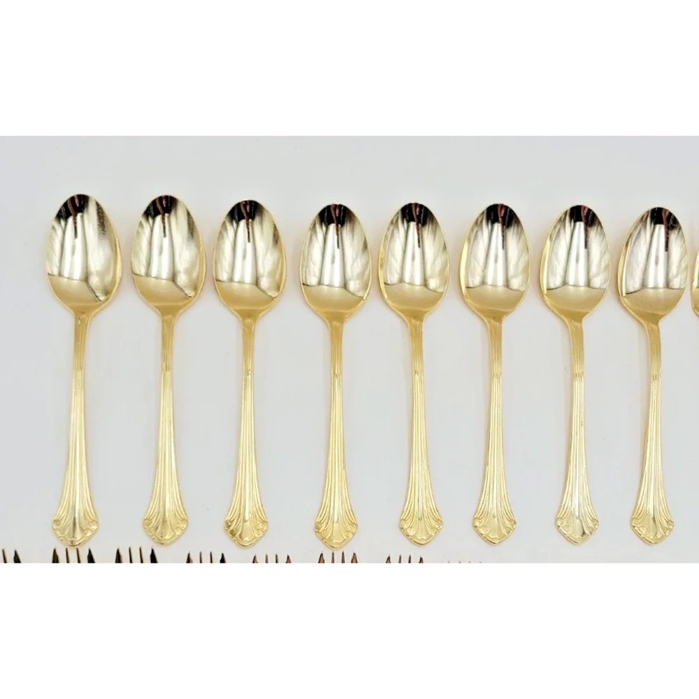 Supreme Cutlery Gold Tone Stainless Japan Flatware Set w/ Wood Case Set of 51